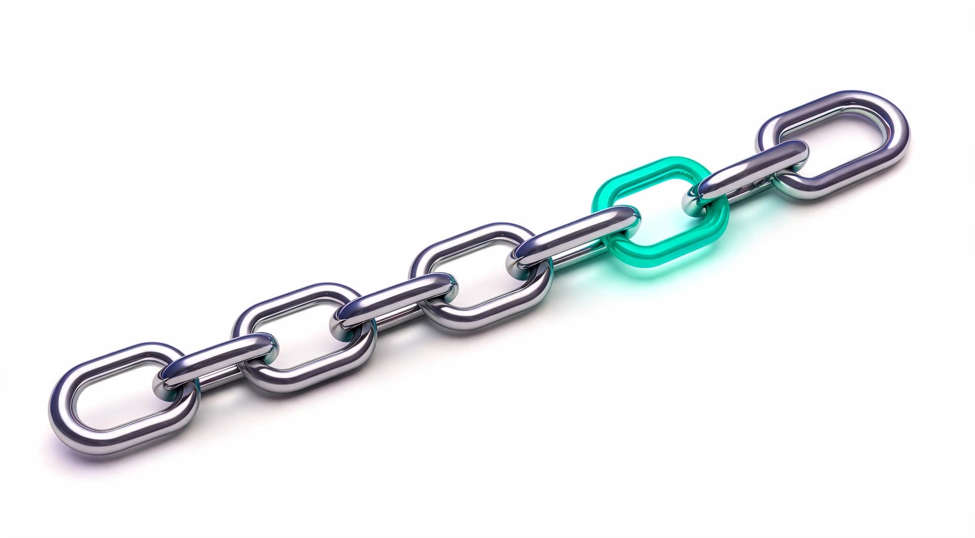 A chain with one teal link among steel ones, illustrating separate systems joined into one.