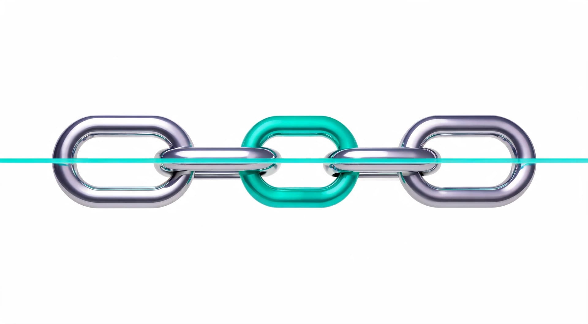 A close view of two chain links interlocking, illustrating the point where two systems connect.